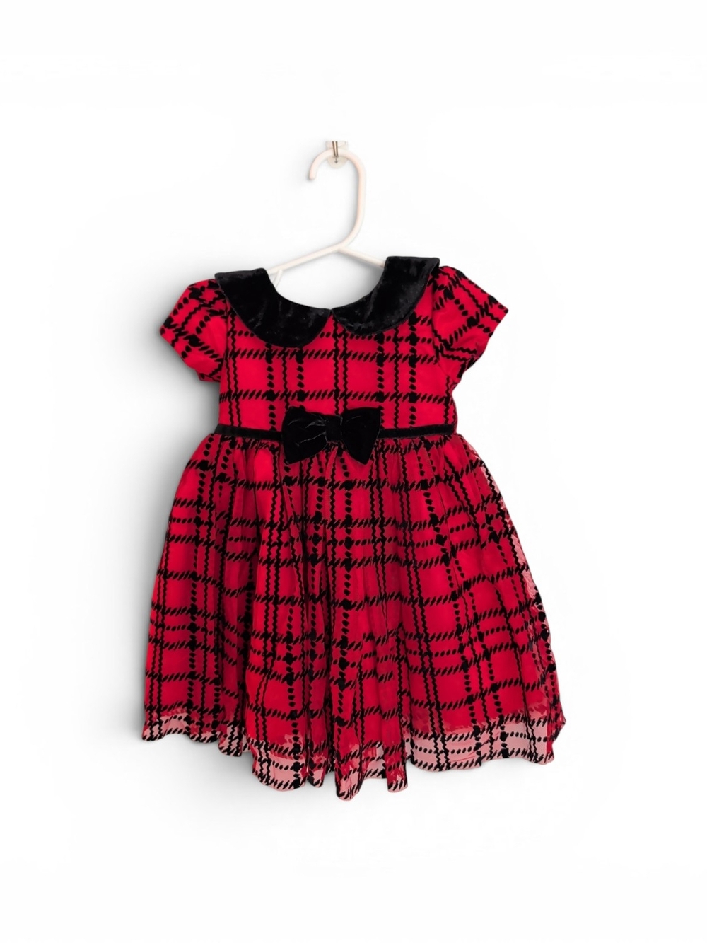 Blueberi Boulevard Red and Black Plaid Velvet Collar Dress